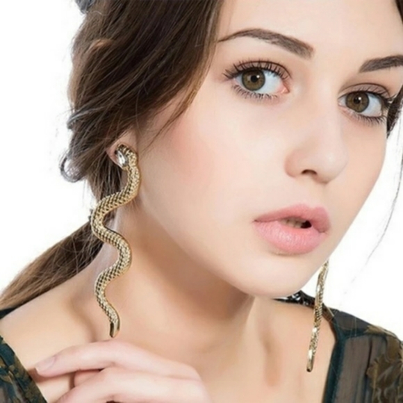 Trendy Large, Long Gold Snake Bite Dangle Earrings - Picture 2 of 5
